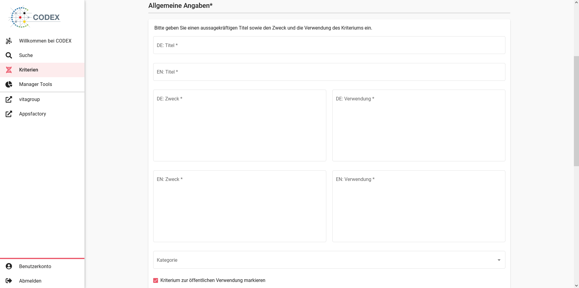 Bildschirmfoto der Allgemeinen Angaben des Kriterien-Editors