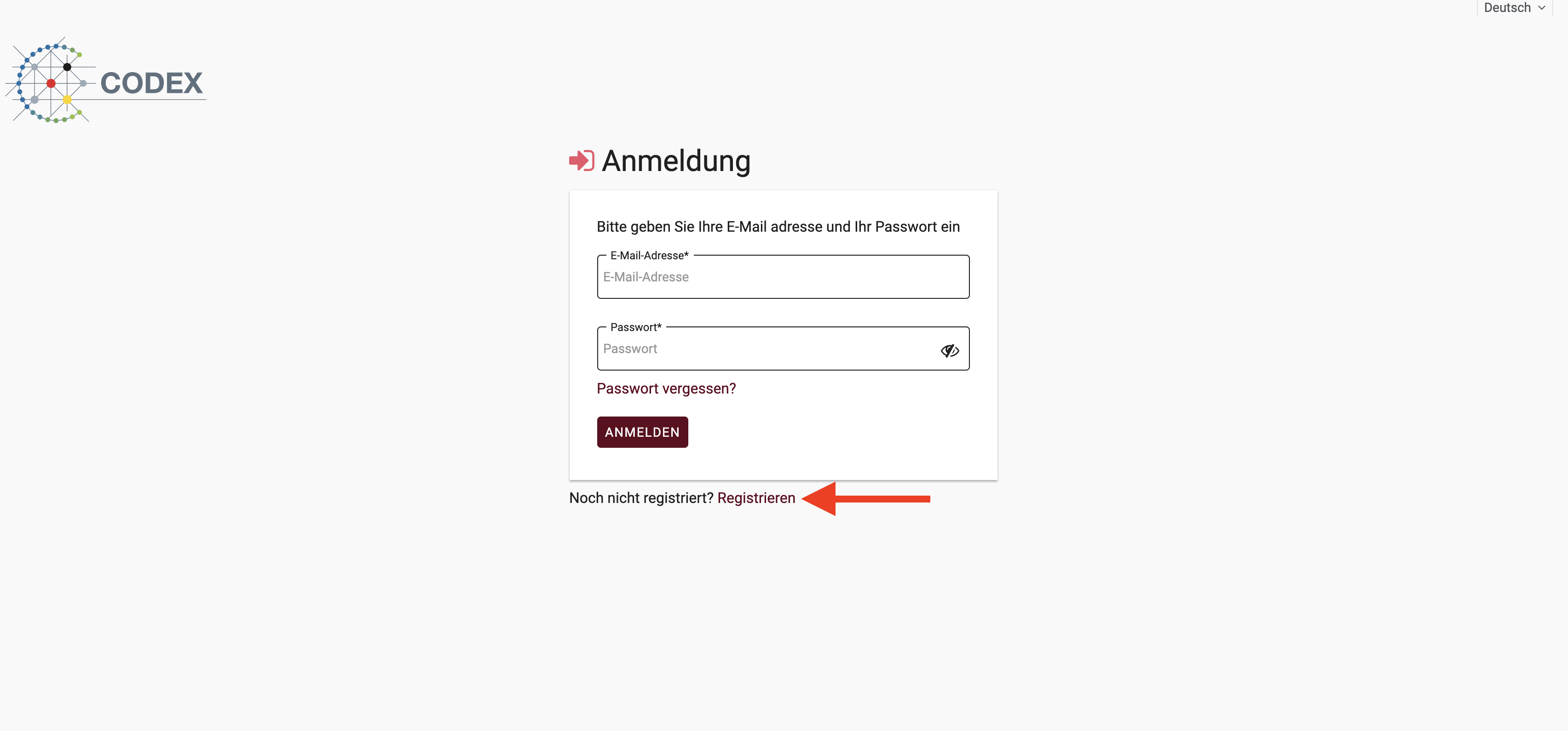 Anmelde-Seite mit rotem Pfeil, der auf den Registrierungslink zeigt