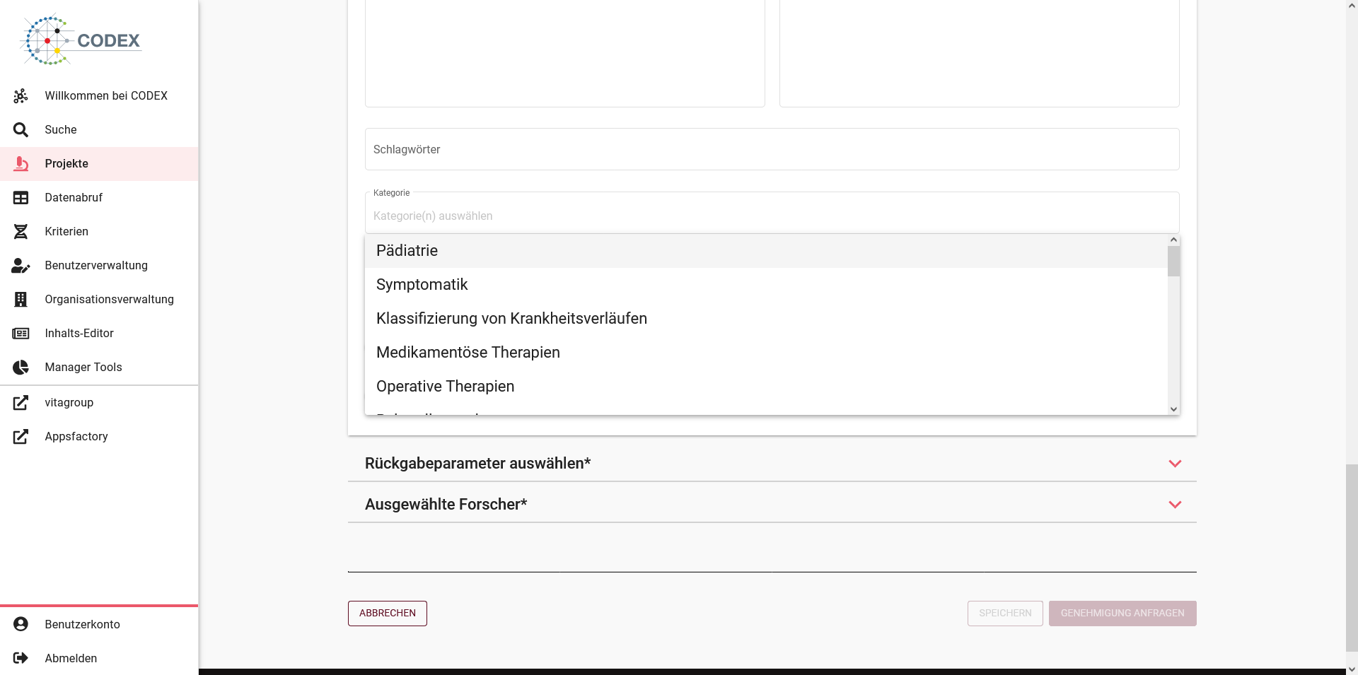 Bildschirmfoto der Projektkategorien