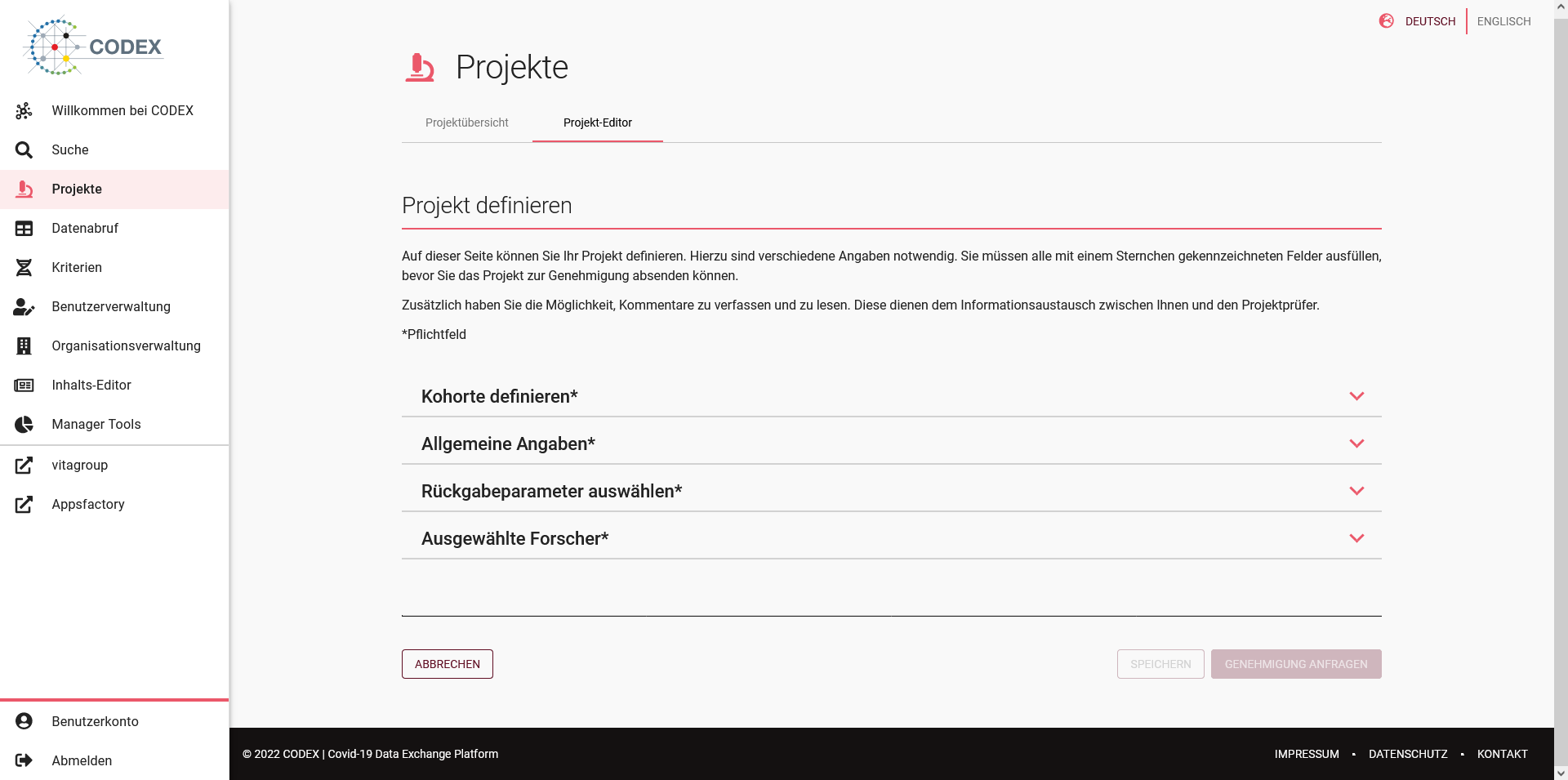 Bildschirmfoto des Projekt-Editors