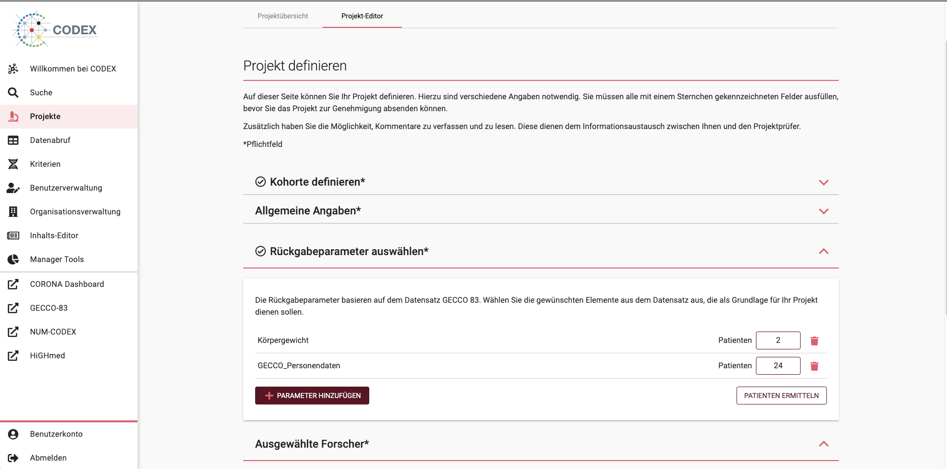 Bildschirmfoto der Patientenzahl je Parameter