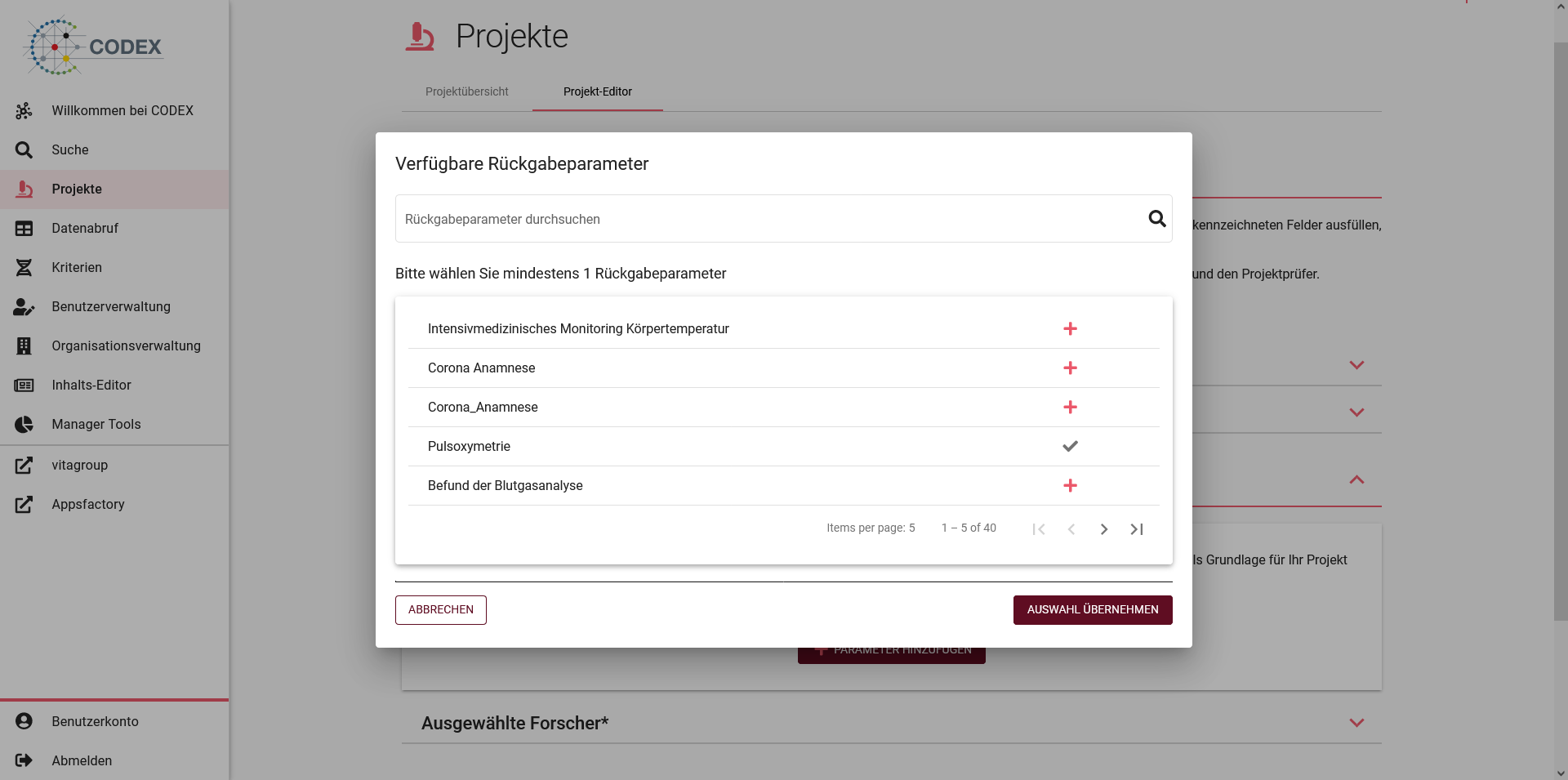 Bildschirmfoto des Dialogfensters für Rückgabeparameter