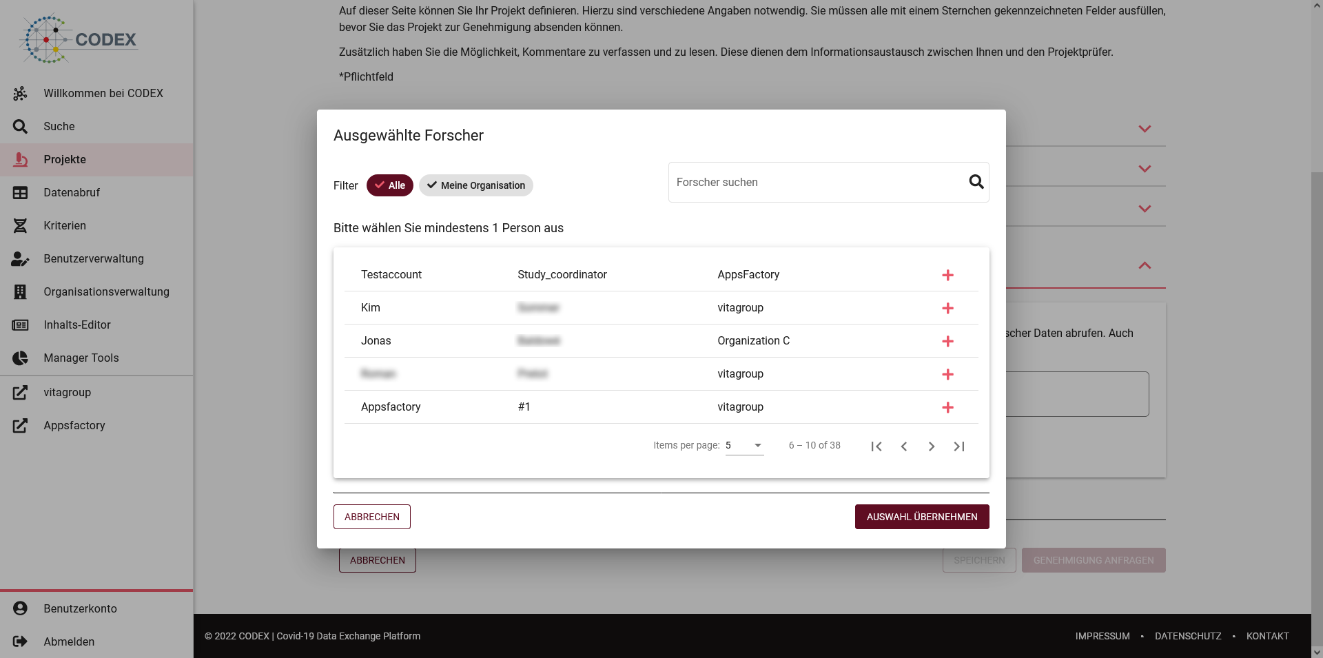 Bildschirmfoto Dialogfenster Forscherauswahl