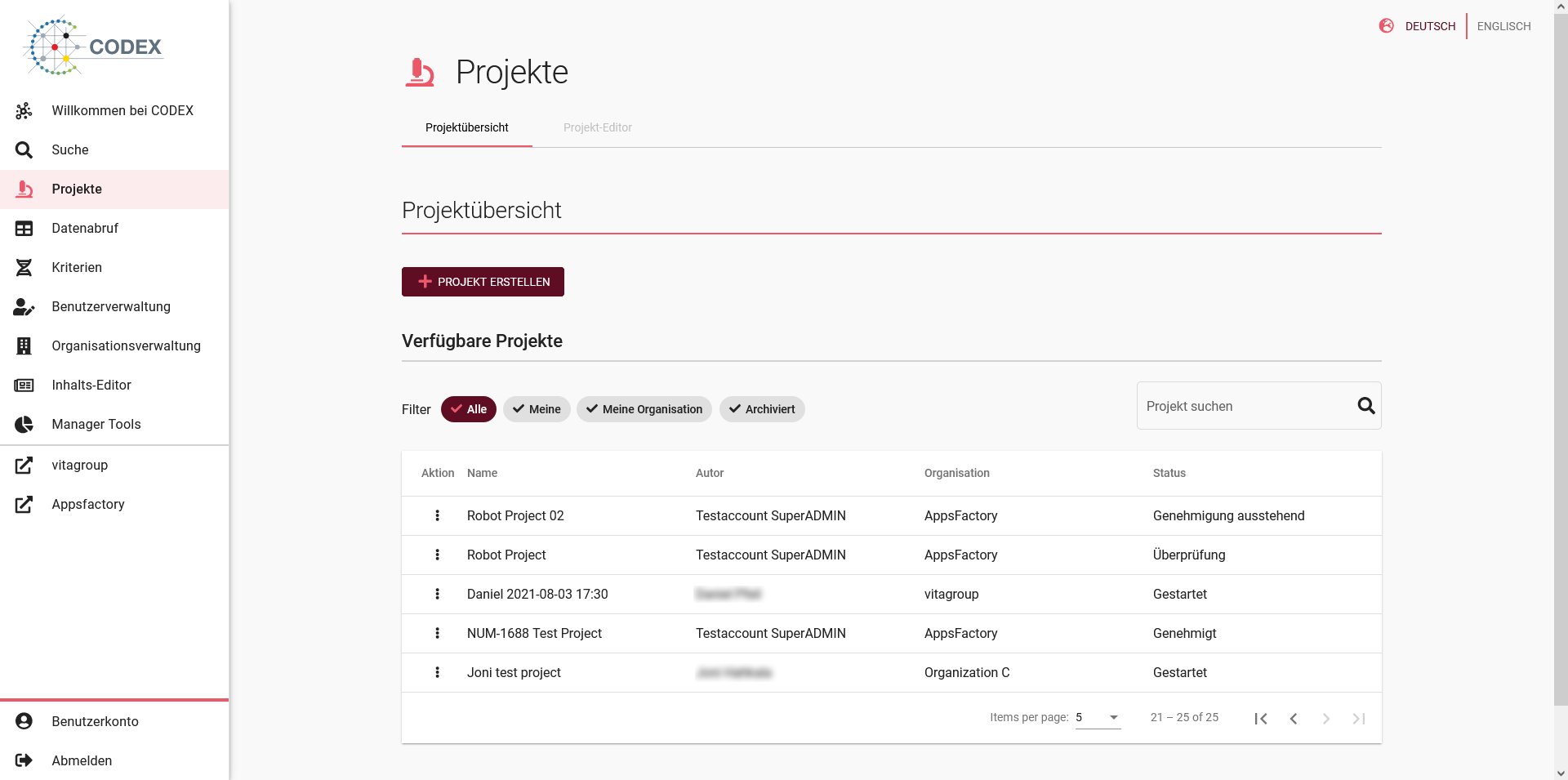 Bildschirmfoto der Projektliste