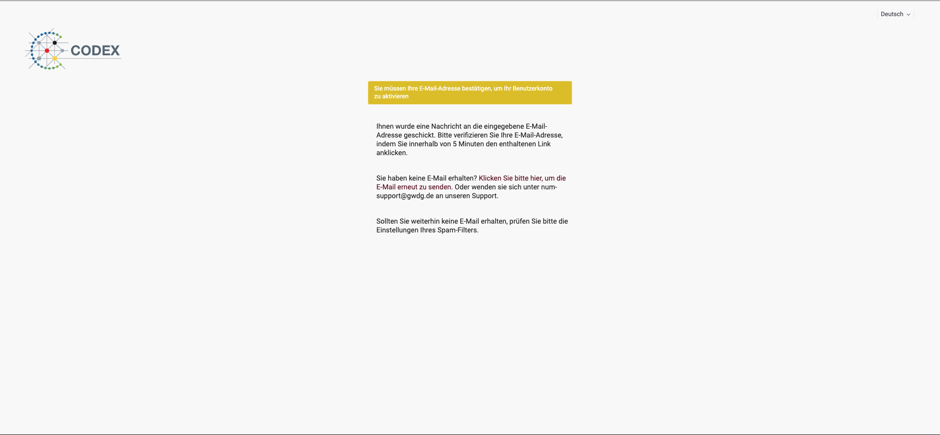 Informationsseite nach der Registrierung, die dem Benutzer mitteilt, dass er eine E-Mail erhalten hat.