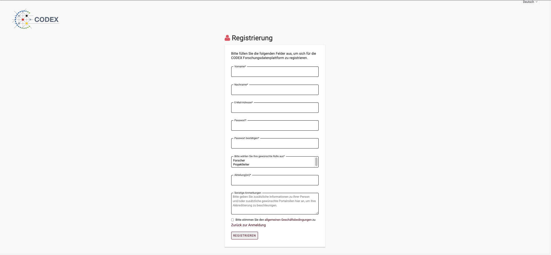 Registrierungsseite mit leerem Formular für Vorname, Nachname, E-Mail-Adresse, Passwort, Passwort-Bestätigung, Role, Abteilung und Sonstige Informatonen und einer Checkbox, um die AGB zu bestätigen