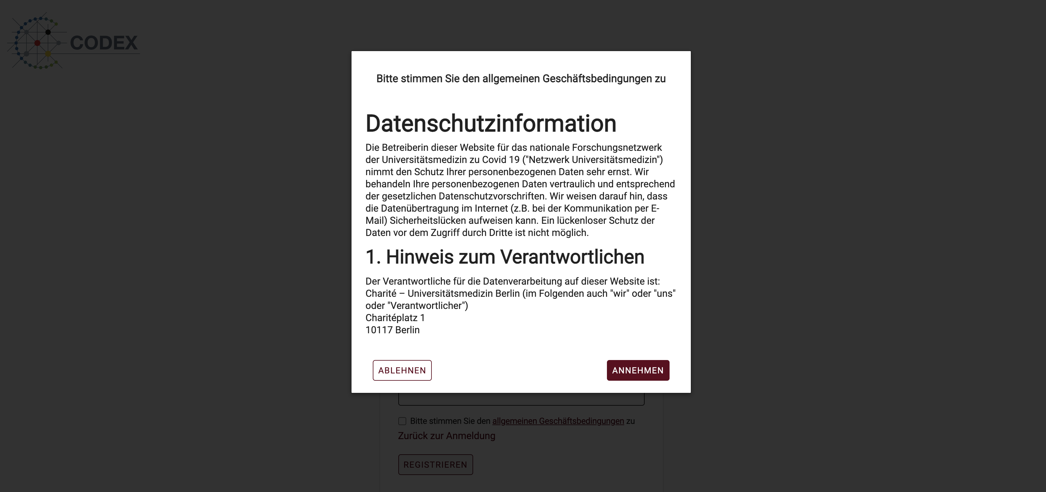 Registrierungsseite mit geöffneten AGB und Schaltflächen zum Annehmen oder Ablehnen der AGB